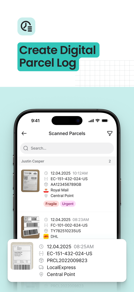 スキャンされたパッケージと追跡の詳細を表示するデジタルパッケージログ画面