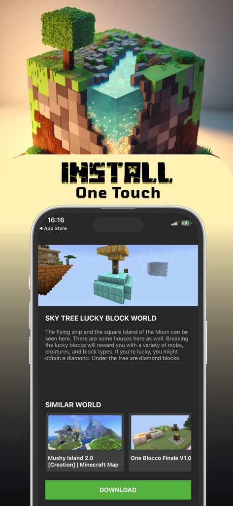 Mine Maps for Minecraft PE - Mine Maps for Minecraft PE interface showing a Sky Tree Lucky Block World map with a one-touch install feature and a download button.