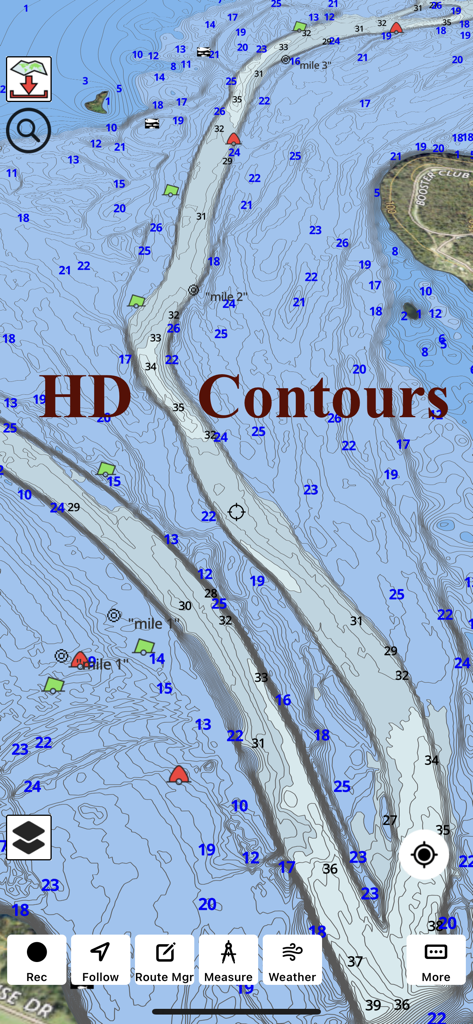 i-Boating app screenshot showing high-definition marine depth contours and bathymetry data