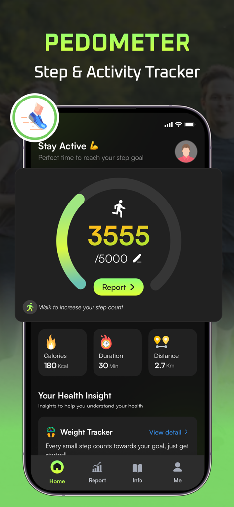 Step Counter - Daily Pedometer - Panel de la aplicación móvil mostrando progreso de pasos diarios, seguimiento de calorías y distancia de caminata