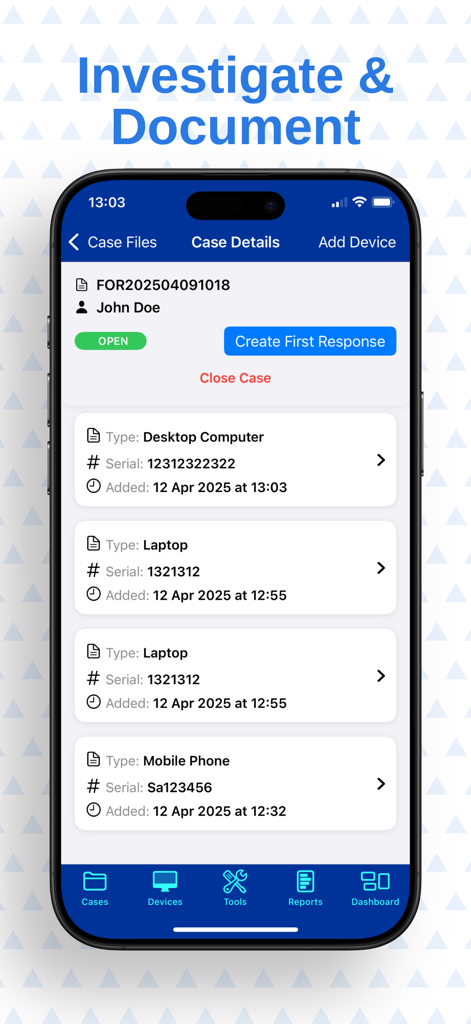 Digital Forensics - Digital Forensics app interface showing case details and a list of investigated devices like laptops and mobile phones