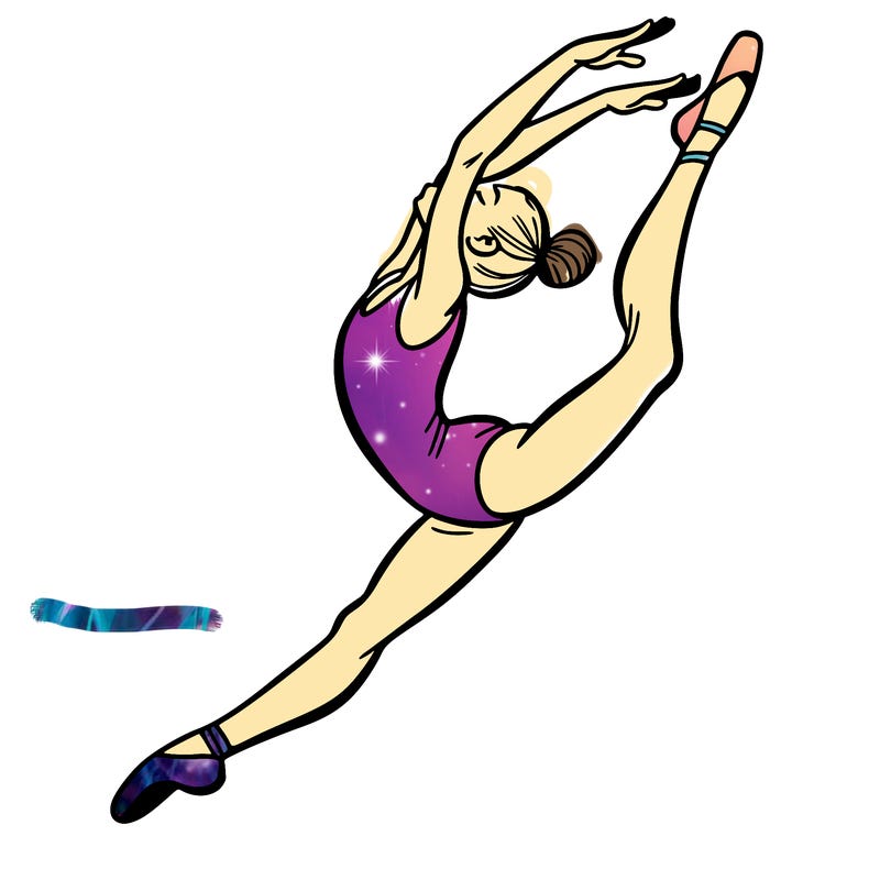 gymnast doing a leap in a leotard with a bent back leg