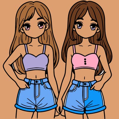 two sisters with crop tops and jean shorts and straight hair