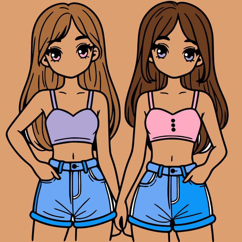 two sisters with crop tops and jean shorts and straight hair