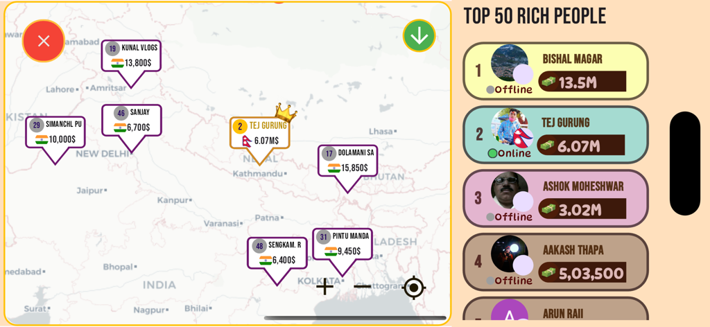 Map view and leaderboard showing top players in the Jhandi Munda game