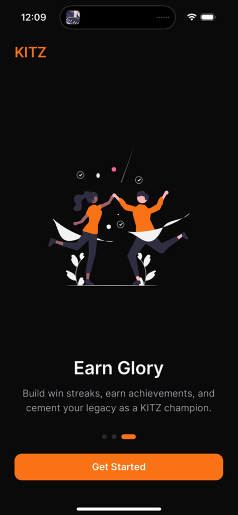 KITZ - Social - KITZ Social app onboarding screen showing athletes celebrating and text Earn Glory