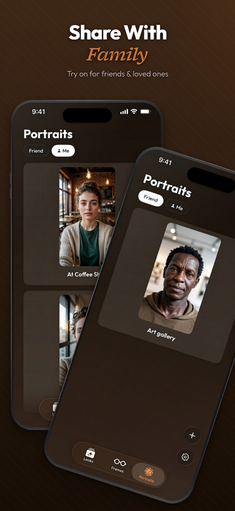 Frame — Find you glasses - Screenshot der Frame App, der den Bereich „Porträts“ zum Teilen virtueller Brillen-Anprobe-Looks mit Freunden und Familie zeigt.
