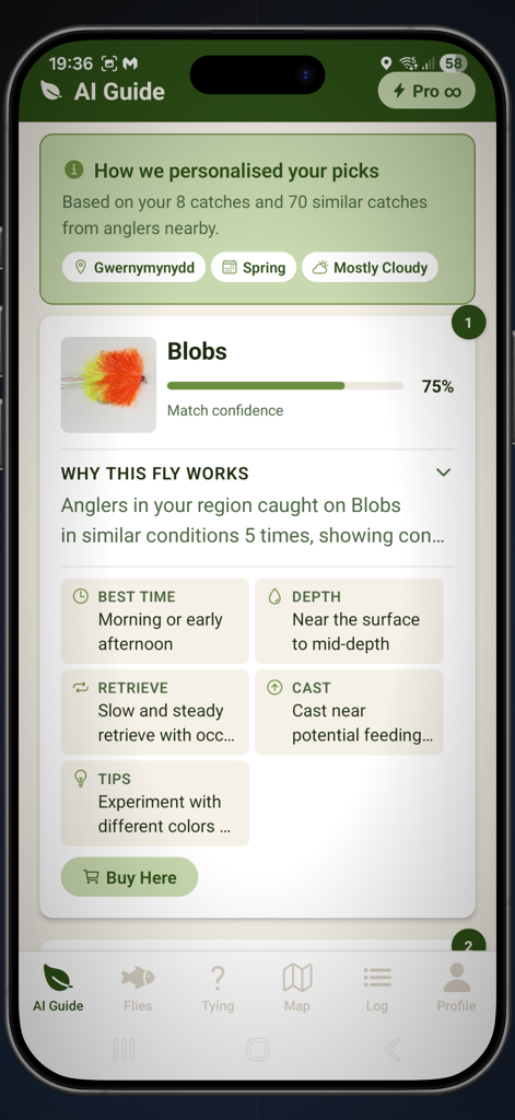 Fly Guide By HookedOnFlies - Fly Guide app AI recommendation screen showing a specific fly pattern with match confidence score and fishing techniques.
