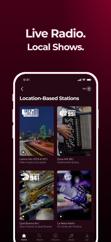 Mobile app screen showing local Hispanic radio stations on Uforia by TREBEL