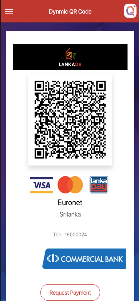 ComBank QPlus Merchant - Interfaz de la aplicación ComBank QPlus Merchant que muestra un código QR dinámico para solicitudes de pago utilizando LankaQR Visa y Mastercard