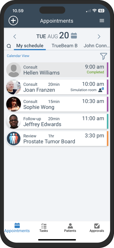 Horario de citas diarias para clínicos de oncología en la aplicación móvil ARIA CORE
