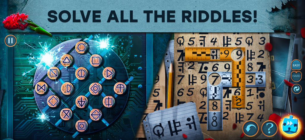 Unsolved Case: Hyacinth F2P - Una pantalla dividida que muestra complejos acertijos de lógica con símbolos y cuadrículas numéricas en un juego de misterio de detectives