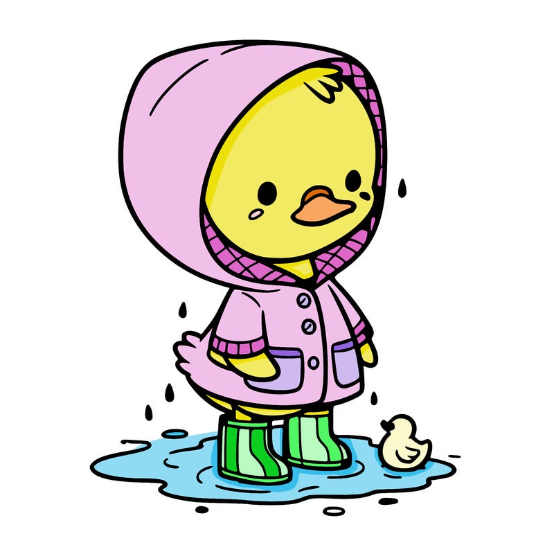 baby duck in a rain coat and boots, in a puddle while it’s raining