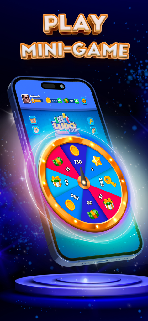 A lucky spin wheel mini game in the Ludo Club app displaying rewards like coins and keys