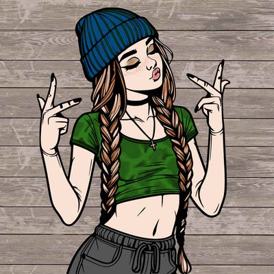 realistic teenage girl with braids and a beanie and crop top doing 🫶🏼