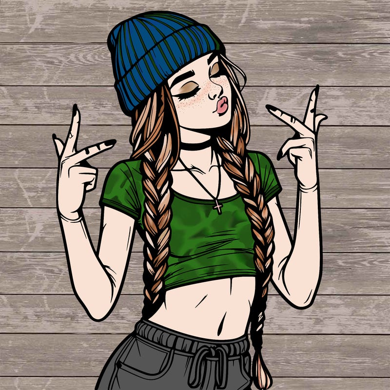 realistic teenage girl with braids and a beanie and crop top doing 🫶🏼