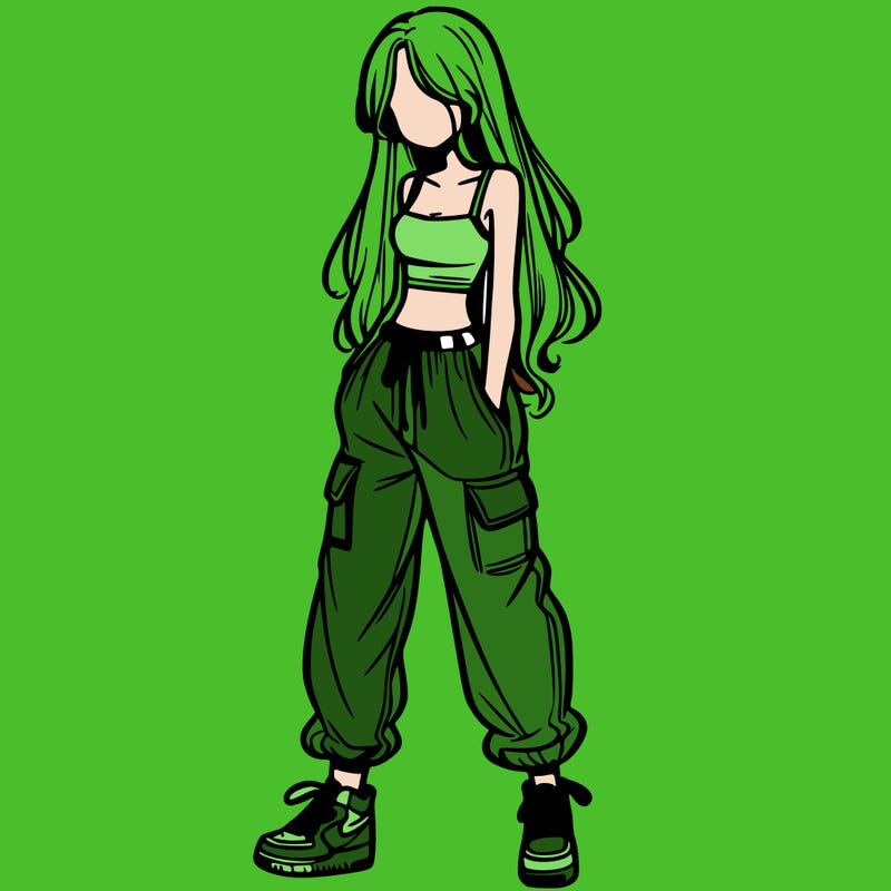 girl in baggy pants crop top and long hair