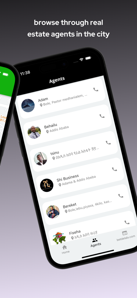 A list of real estate agents in Addis Ababa on the Bet Delala mobile app interface.