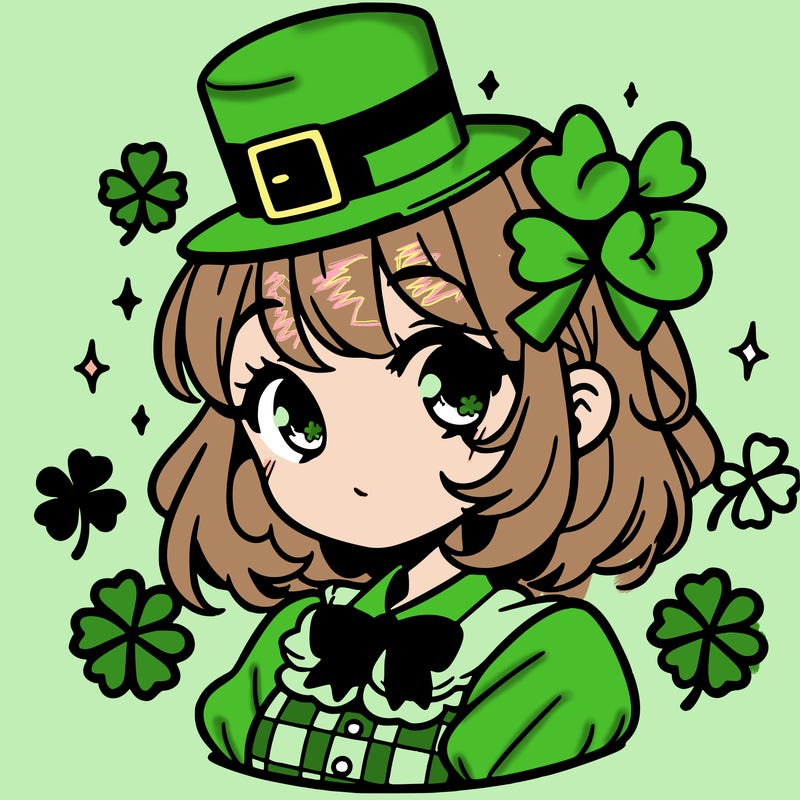 a manga-style girl with clovers around her, a little hat in her hair, like it's saint patrick's day