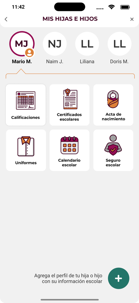 Sonora Digital - Sonora Digital app interface showing school related government services and family profile management for students.