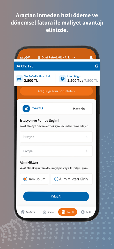 Oberfläche der Otobil Mobil App für Kraftstoffkäufe von Flotten und mobile Zahlungen.