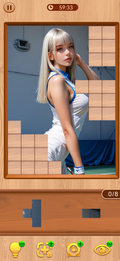 Captura de pantalla de un juego móvil que muestra un rompecabezas de bloques de una chica rubia con un traje de tenis que se está completando
