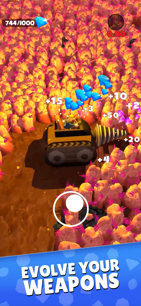 Mine & Slash: Arcade RPG Games - A yellow drilling machine mining glowing crystals in a 3D arcade RPG game with text saying evolve your weapons.