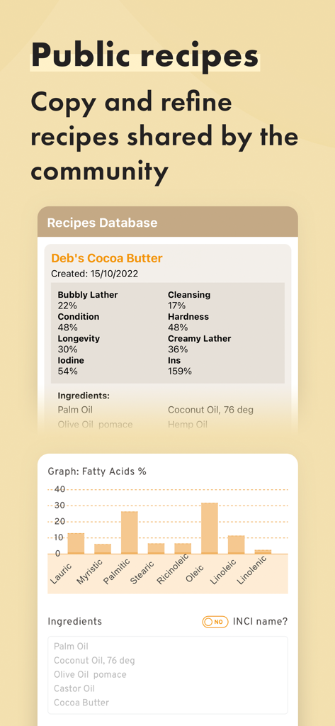 Soapmaking Friend – Soap Calc - Soapmaking Friend app interface showing a public recipe for cocoa butter soap and a fatty acid percentage bar chart