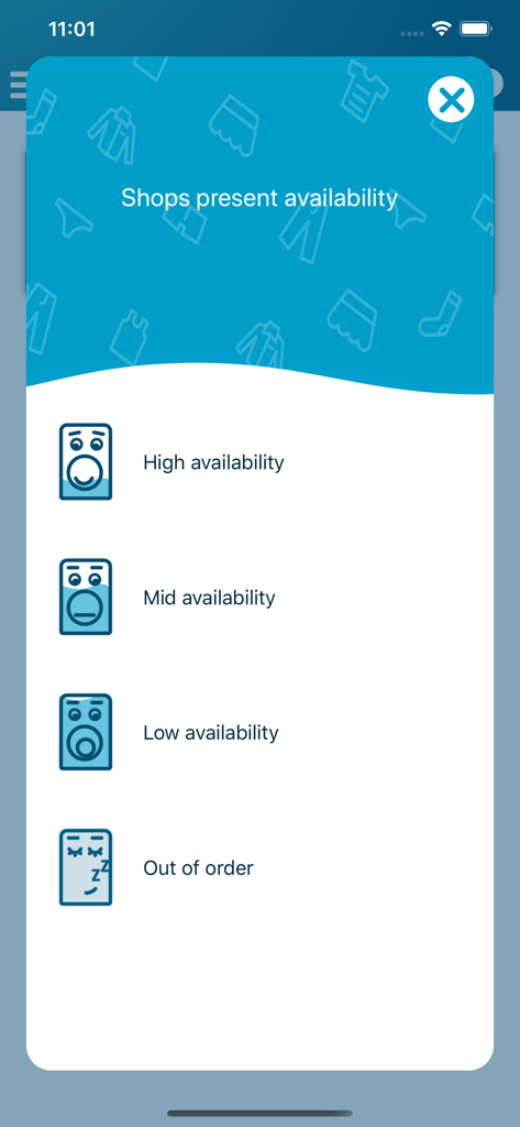 Bubbles Mosoda - Bubbles Mosoda App-Bildschirm, der die Echtzeit-Verfügbarkeit von Wäschemaschinen mit Symbolen für hoch, mittel, niedrig und außer Betrieb anzeigt.