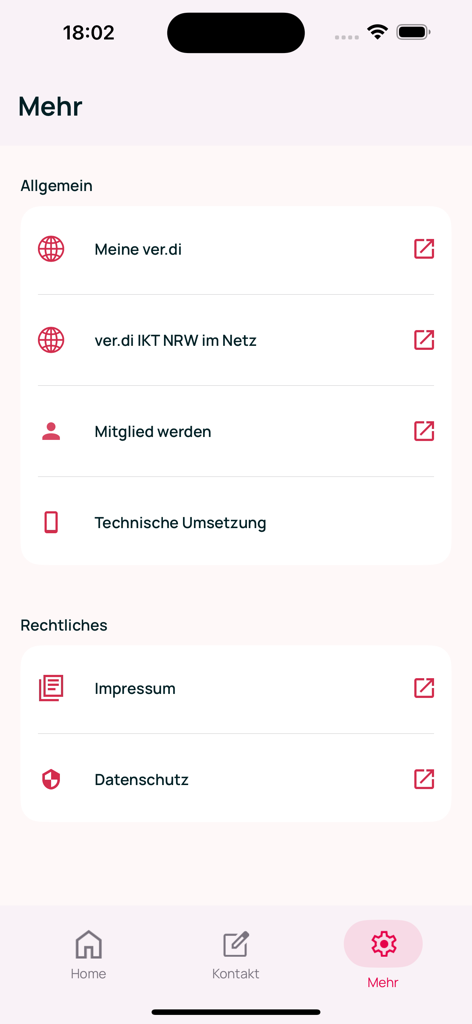 ver.di TK IT NRW - More menu screen of the verdi TK IT NRW app showing general and legal links