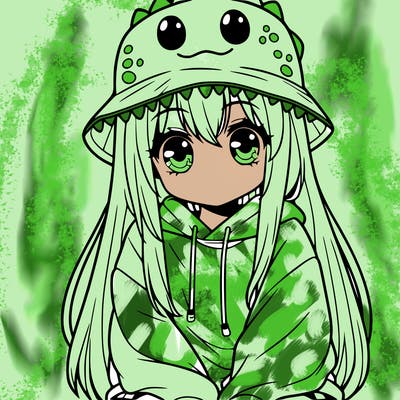 girl with anime shaped eyes with a dinosaur bucket hat oversized sweatshirt long straight hair