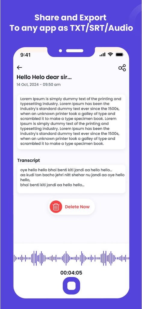Voice Notes Ai-Speech to Text - 녹취 및 요약이 포함된 Voice Notes AI 앱의 공유 및 내보내기 화면을 보여주는 스마트폰 디스플레이