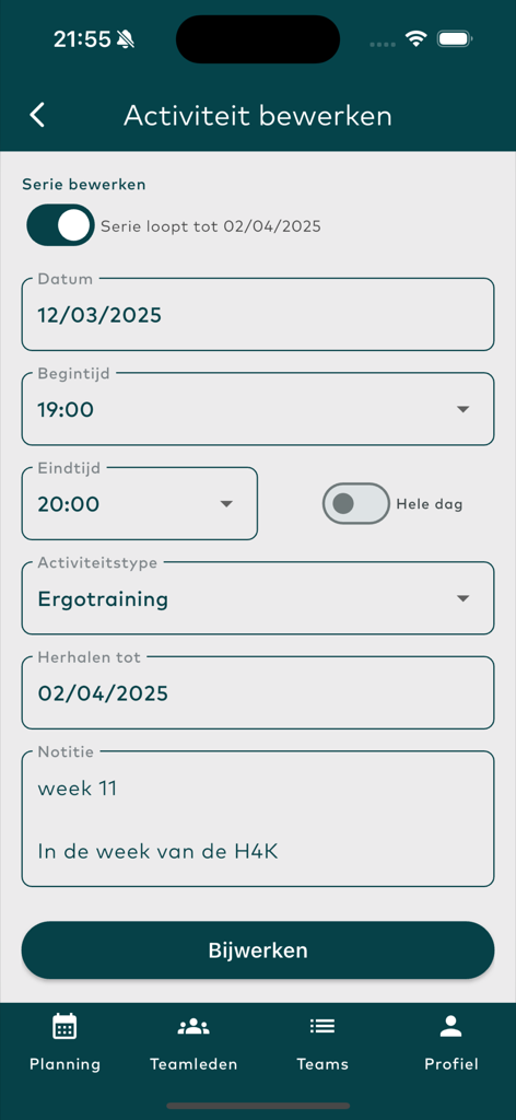 mySportsplanner - Tela do celular mostrando a interface de edição de atividades para um cronograma esportivo, incluindo data, hora e tipo de treinamento