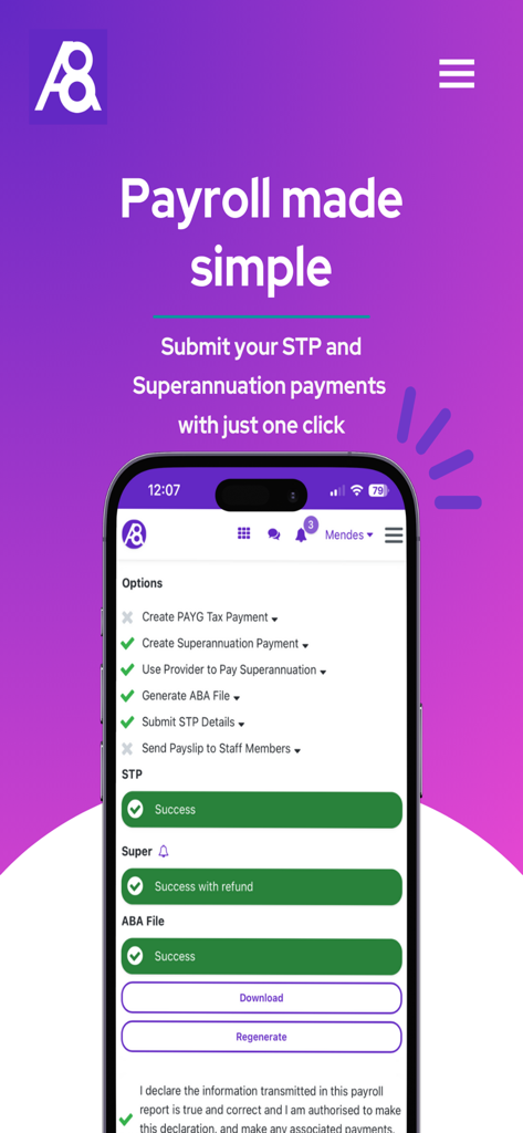 Ability8 - Ability8 mobile app screen for managing caregiver payroll and superannuation payments