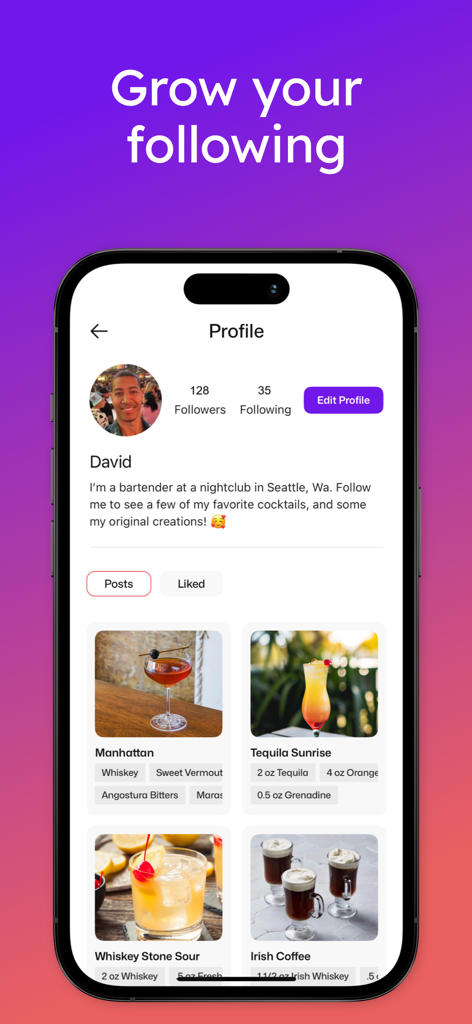 BarGenius - Cocktail App - Página de perfil de usuario en la aplicación BarGenius que muestra una biografía de bartender y una cuadrícula de creaciones de cócteles.
