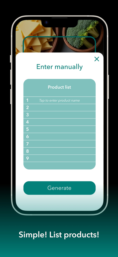 AI Kitchen Chef | Food Recipes - AIキッチンシェフアプリの手動食材入力画面のスクリーンショット。番号付きの製品リストと生成ボタンが表示されています。