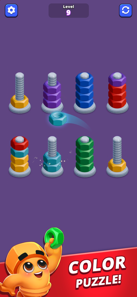 Nuts Sort Master mobile game screen showing color sorting puzzle with nuts and bolts