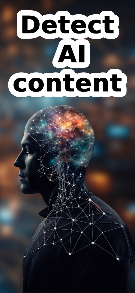 AI Checker app promotional screen with the text Detect AI content and a digital human profile illustration.