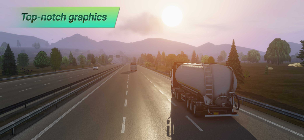 A truck driving on a scenic highway at sunset showcasing the top-notch graphics of Truckers of Europe 3
