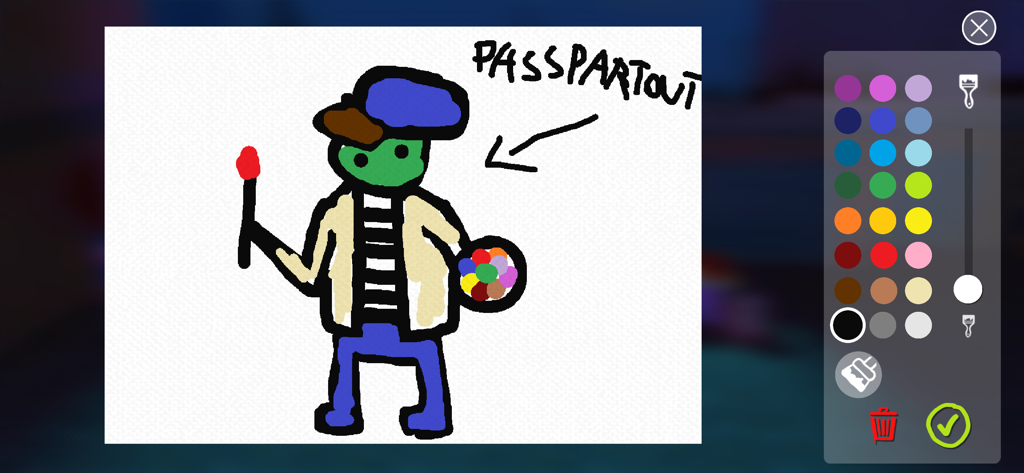 Passpartout: Starving Artist - A digital drawing of a green artist character on a white canvas with a color palette UI on the side
