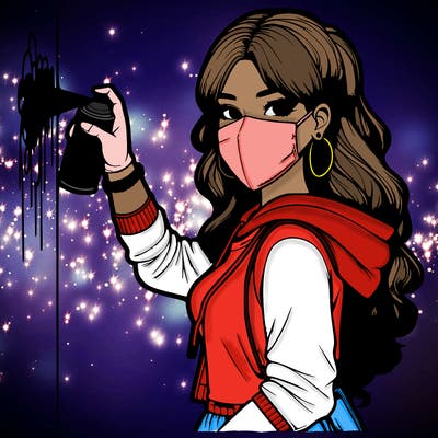 realistic girl with mask spray painting a wall