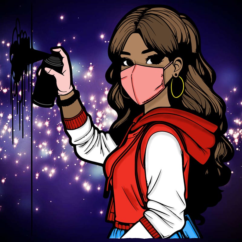 realistic girl with mask spray painting a wall