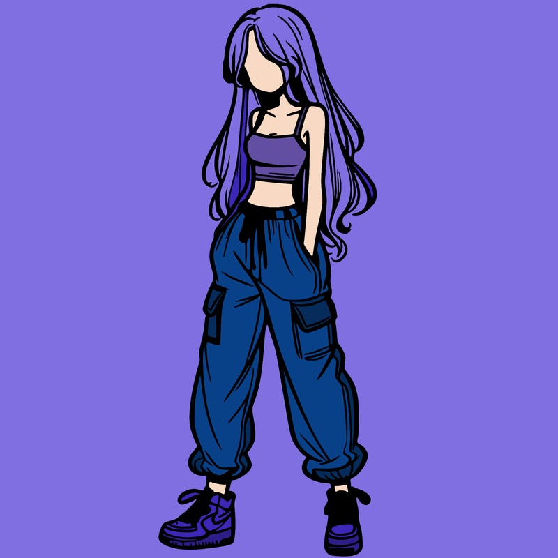 girl in baggy pants crop top and long hair