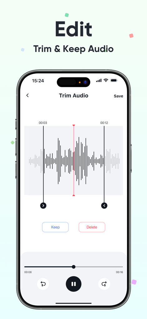 Vocalize - Record & Speak - Interface of the Vocalize app showing the audio trimming tool with a waveform display