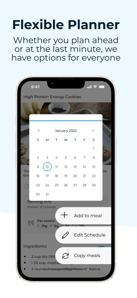 Macrostax: Diet & Meal Planner - Interface of the Macrostax app showing a flexible meal planner with a calendar and scheduling options