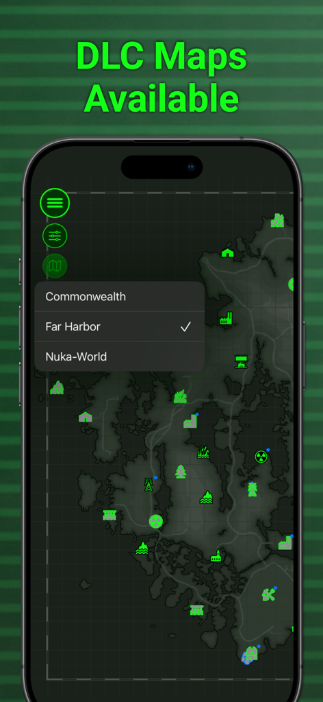 Mobile screen showing the Fallout 4 companion app with DLC maps selection for Far Harbor and Nuka-World on a green digital map.