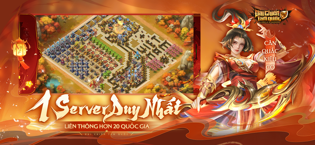 Dai Chien Tam Quoc mobile strategy game screenshot showing base building and a female archer character with text about a single global server