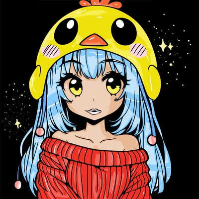 anime girl with chick shaped hat with sweater with bare shoulders with bangs covering them one eye with low tail