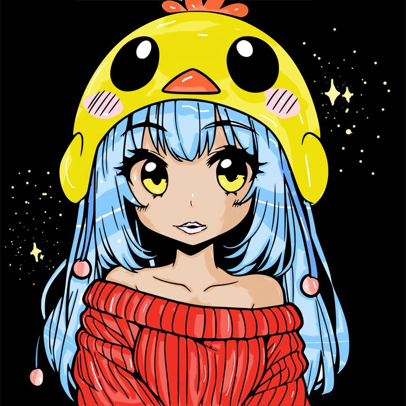 anime girl with chick shaped hat with sweater with bare shoulders with bangs covering them one eye with low tail