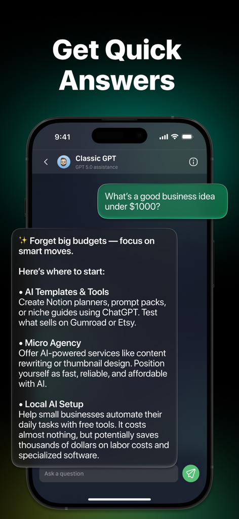 A smartphone displaying the Chat 5.0 app interface with a business advice query and AI generated response.
